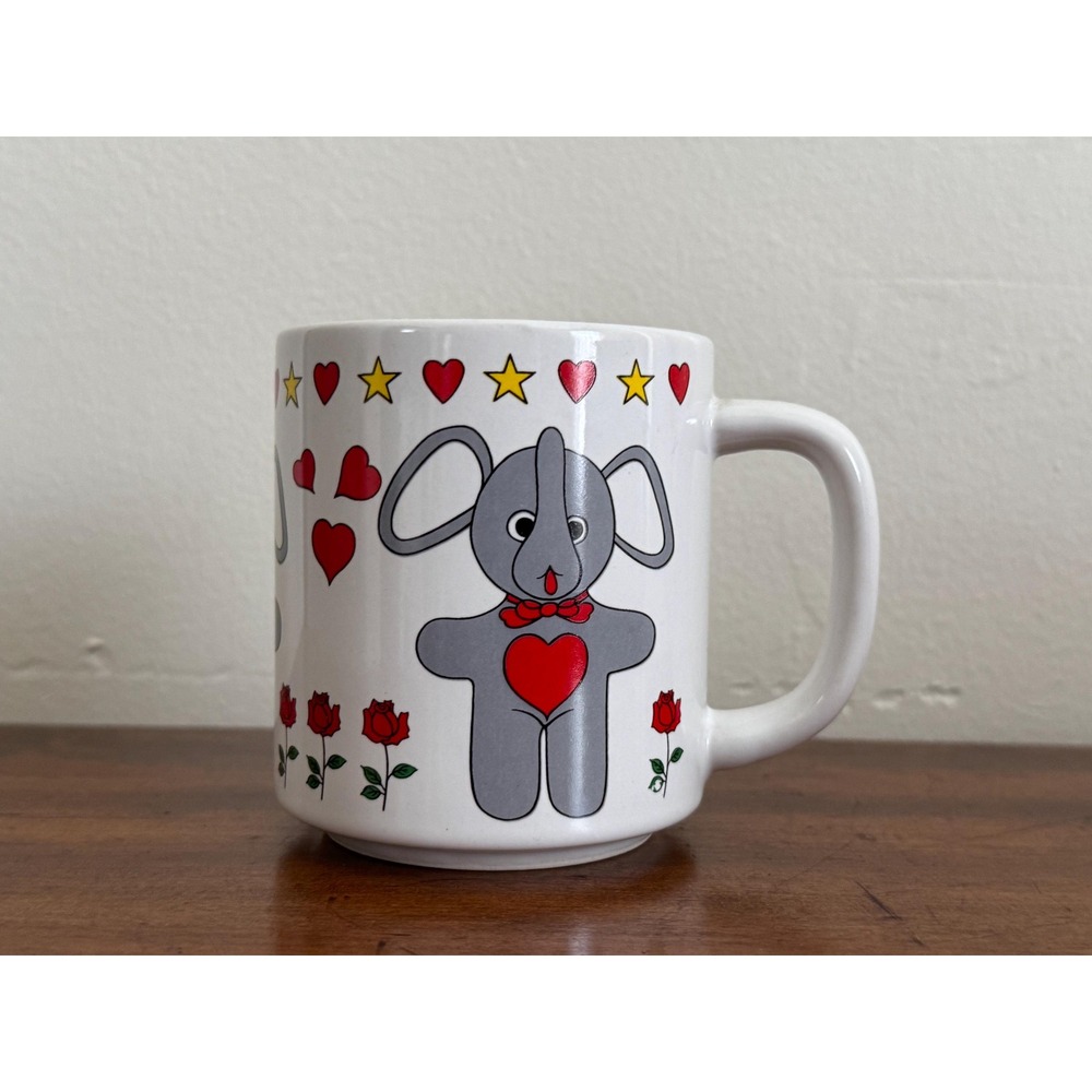 Vintage Ceramic Elephant Coffee Mug with Hearts Flowers and Stars